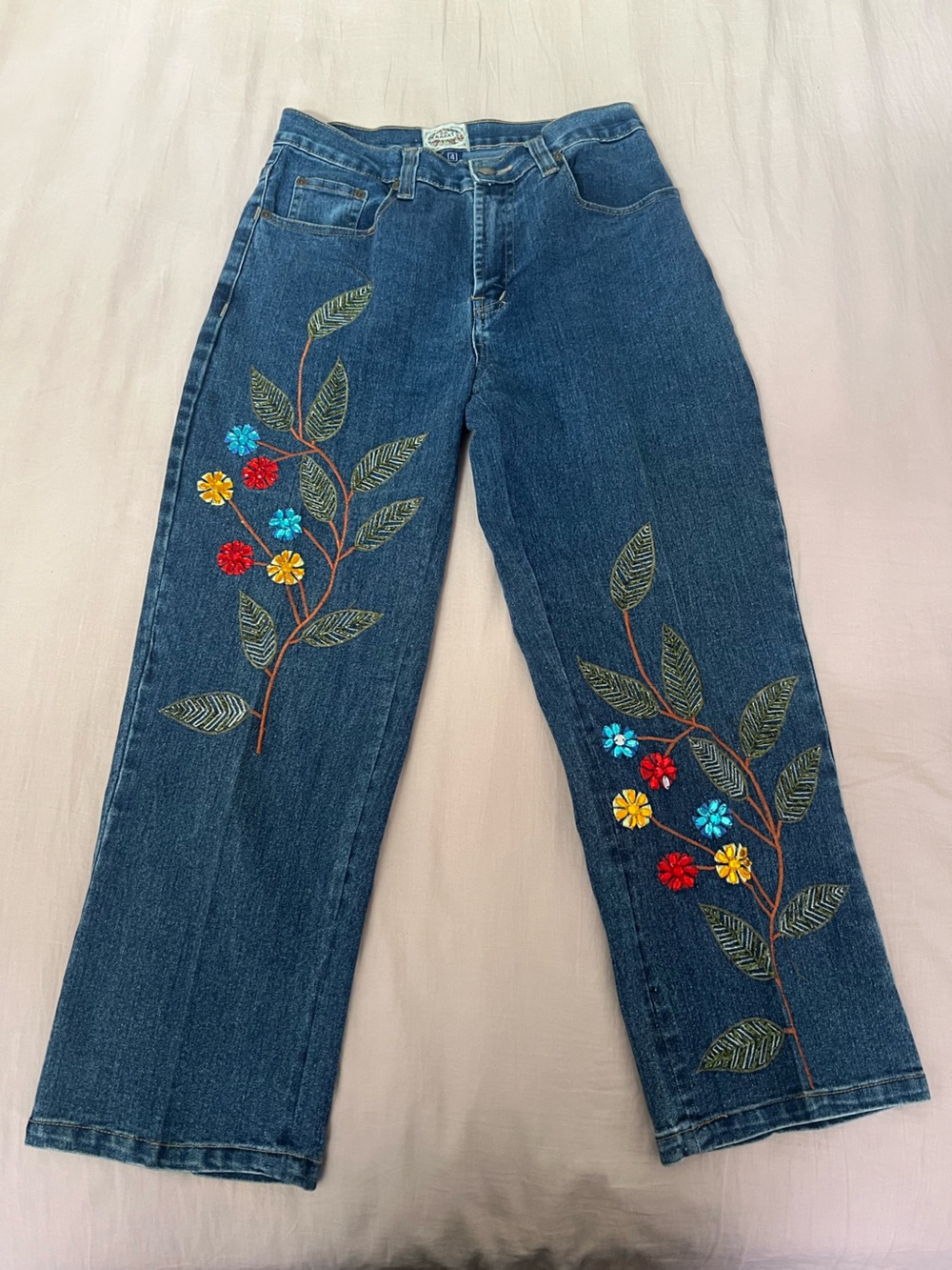 Embroidered Floral Fairy Straight Leg Jeans - Dark Blue